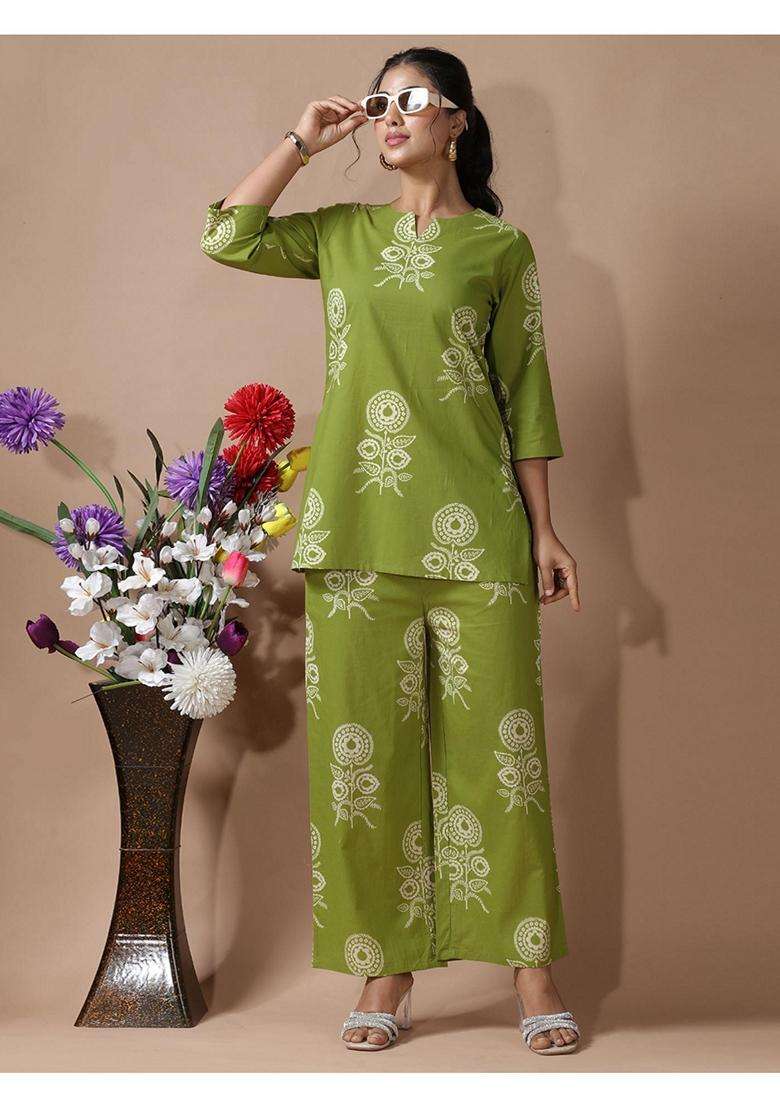 Green Floral Cotton Co-Ord Set - Indya