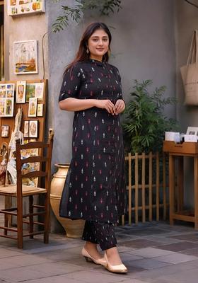 Black Printed Rayon Kurta Set