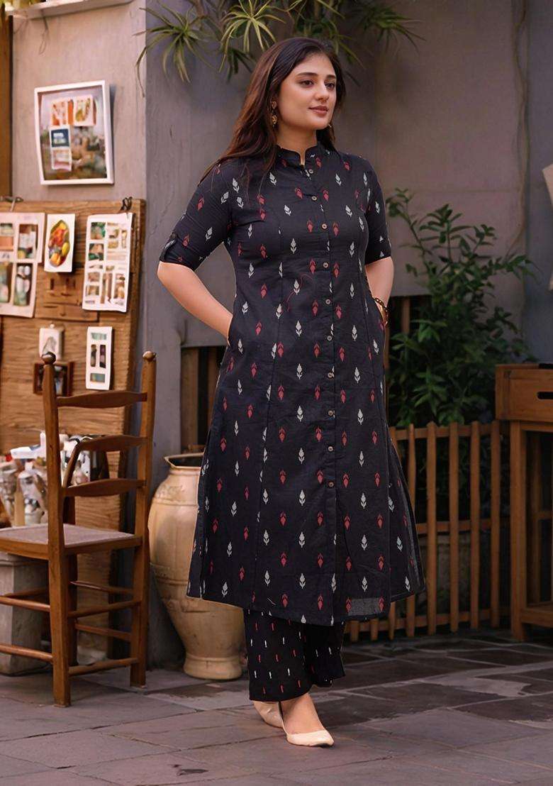 Black Printed Rayon Kurta Set - Indya