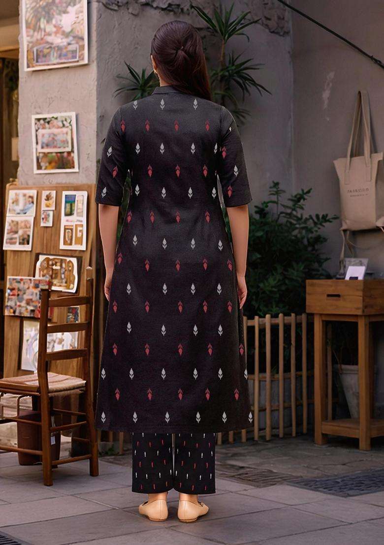 Black Printed Rayon Kurta Set - Indya