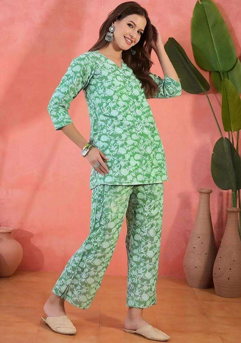 Green Floral Cotton Co-Ord Set - Indya