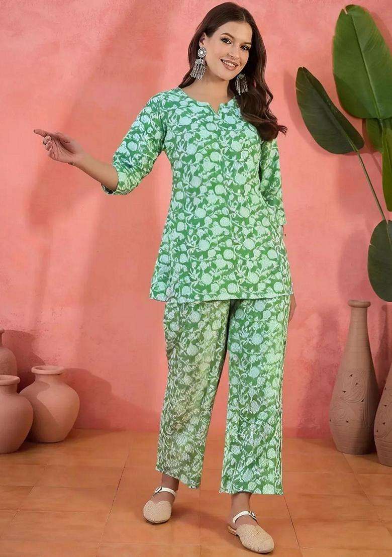 Green Floral Cotton Co-Ord Set - Indya