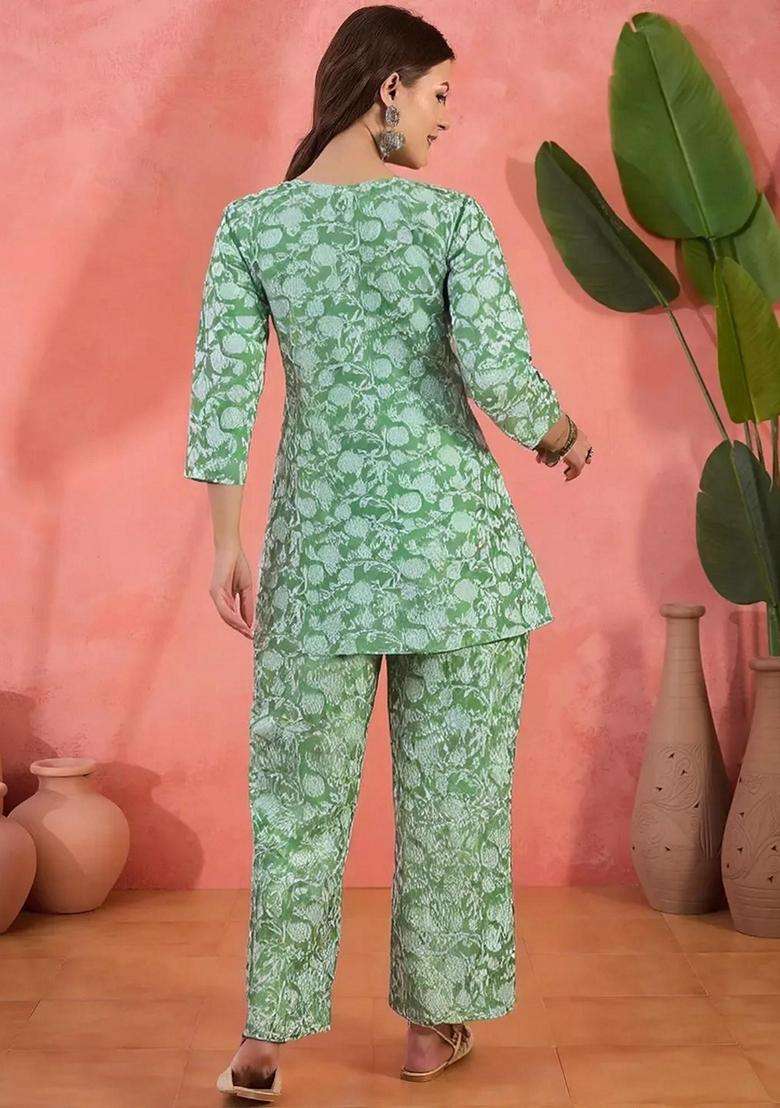 Green Floral Cotton Co-Ord Set - Indya