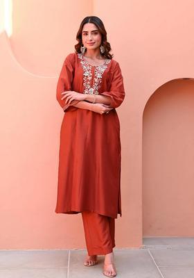 Rust Embroidery Rayon Kurta Set