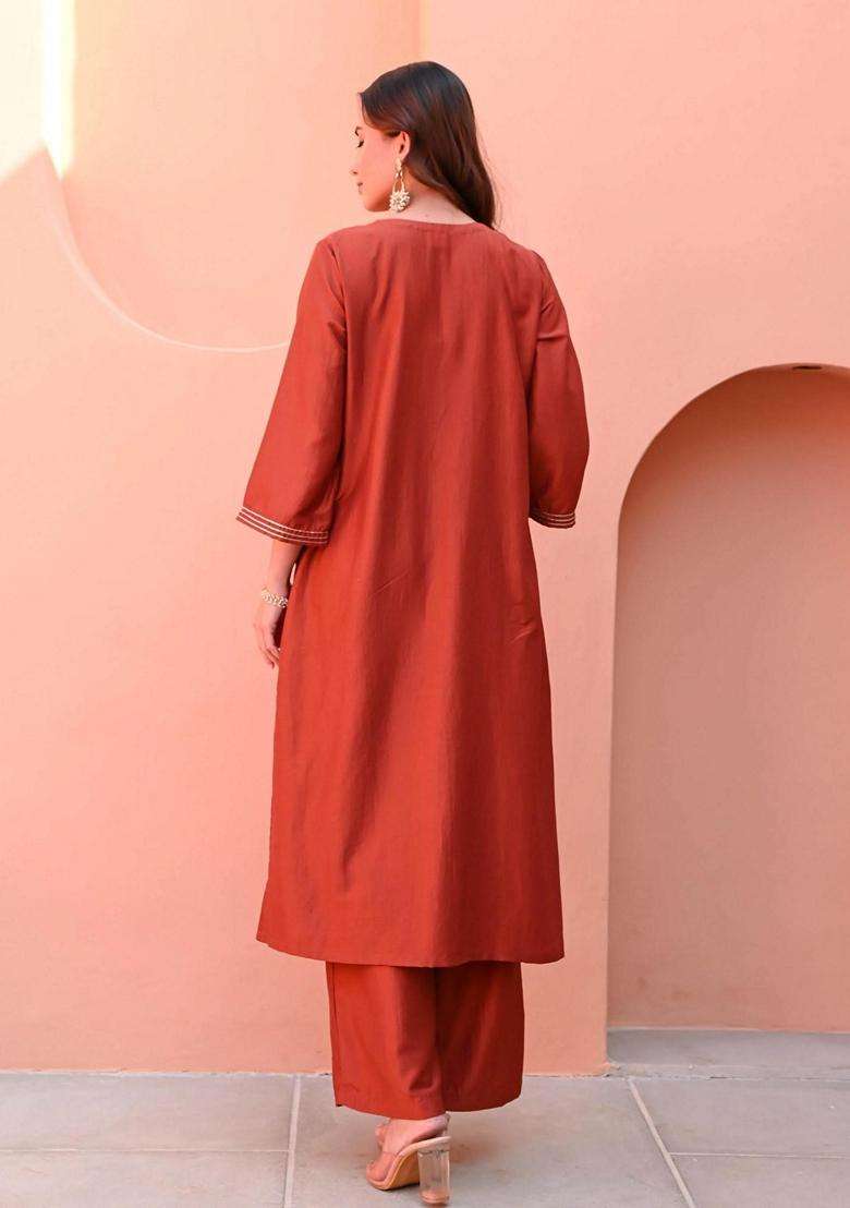 Rust Embroidery Rayon Kurta Set - Indya