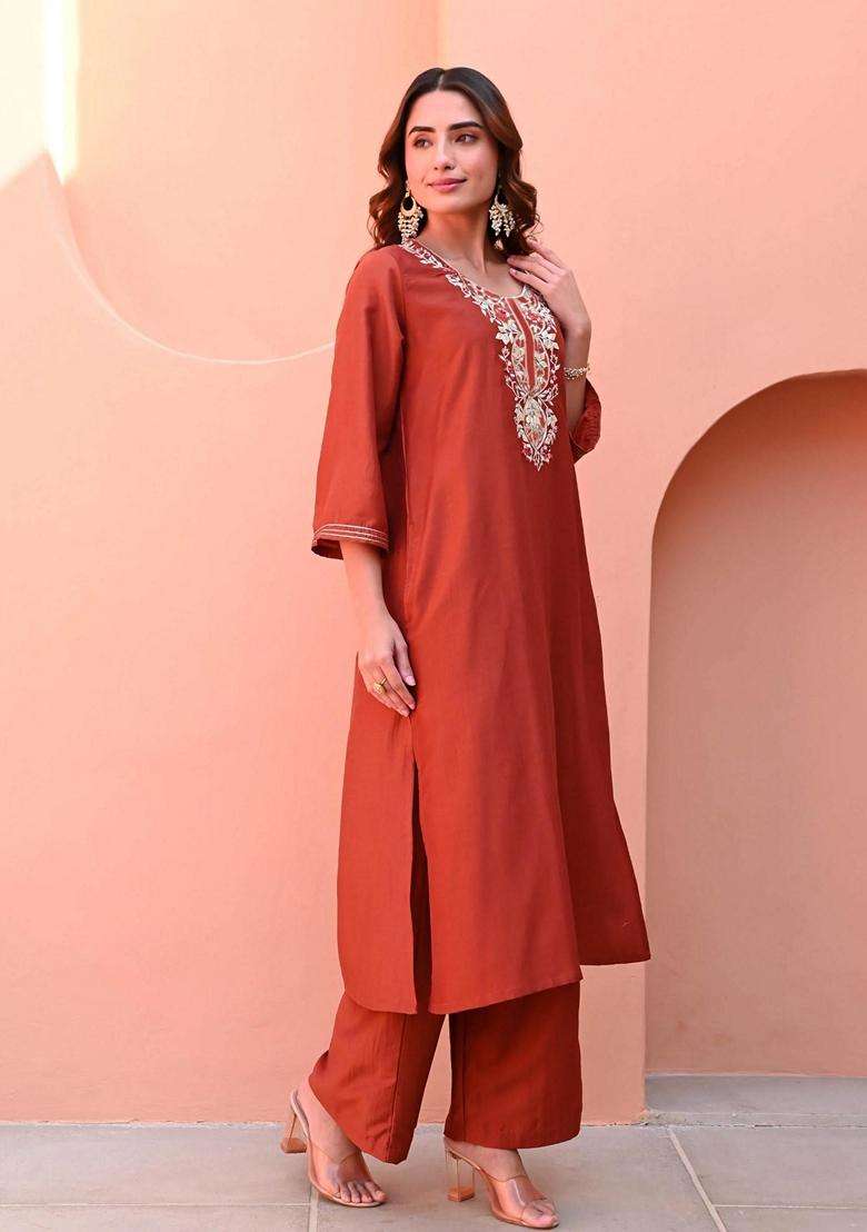 Rust Embroidery Rayon Kurta Set - Indya