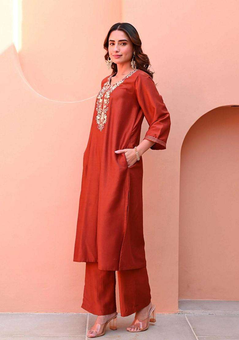 Rust Embroidery Rayon Kurta Set - Indya