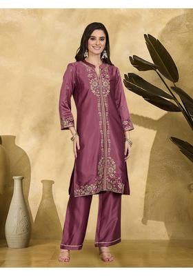 Mauve Embroidery Silk Kurta Set