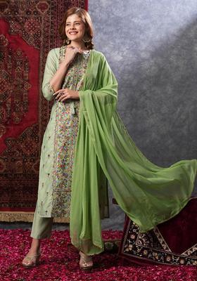 Green Embroidery Rayon Kurta Set