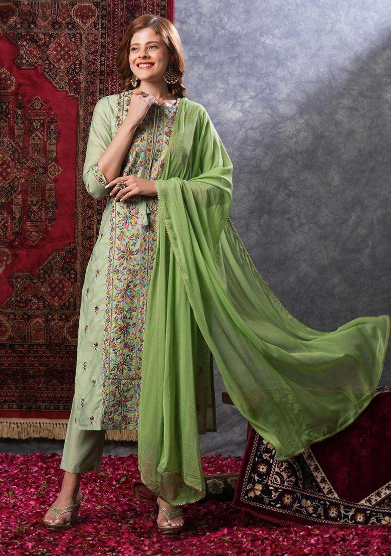 Green Embroidery Rayon Kurta Set - Indya