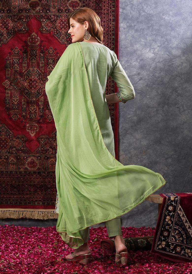 Green Embroidery Rayon Kurta Set - Indya
