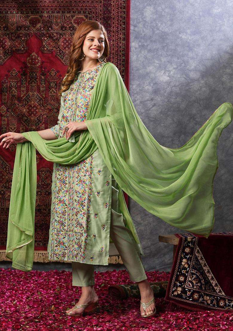 Green Embroidery Rayon Kurta Set - Indya
