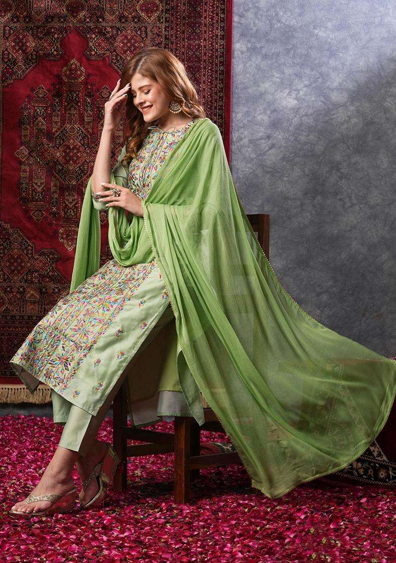 Green Embroidery Rayon Kurta Set - Indya