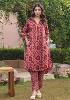 Maroon Printed Cotton Kurta Set