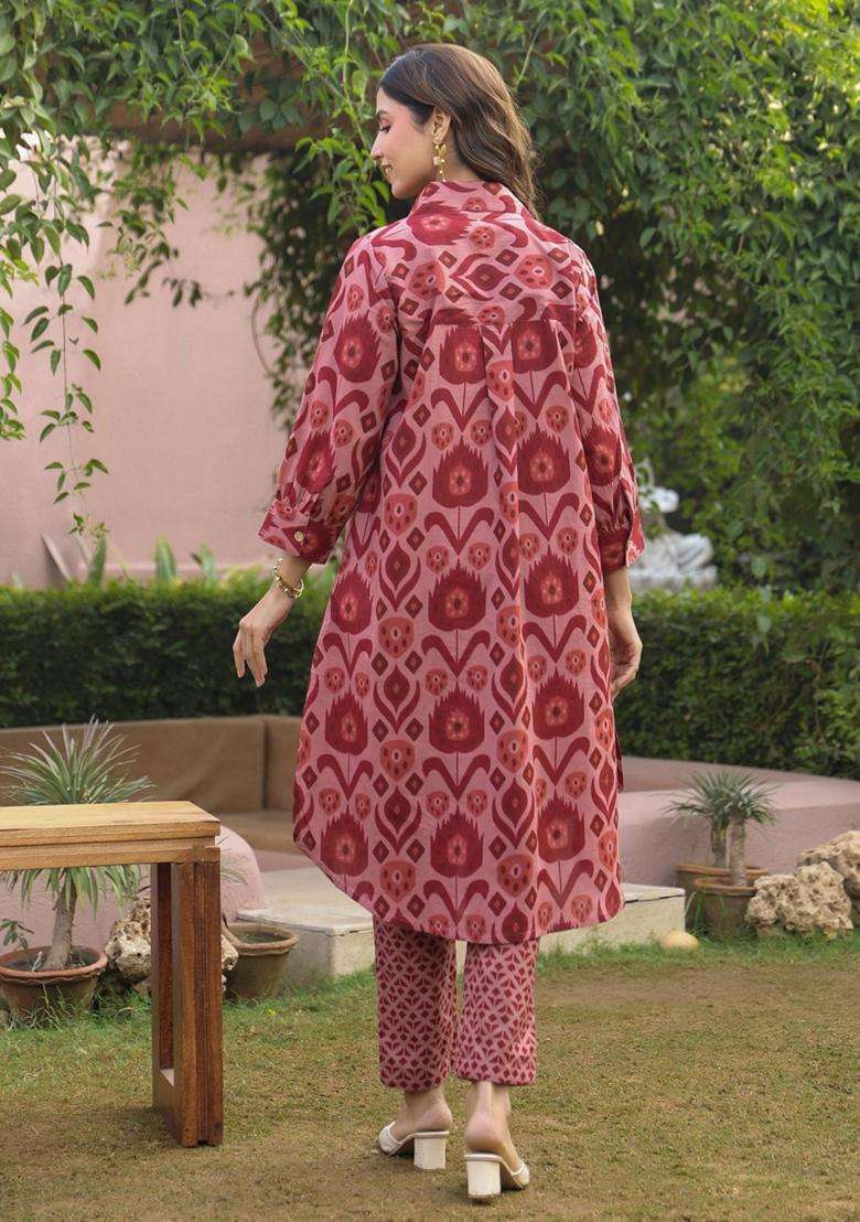 Maroon Printed Cotton Kurta Set - Indya