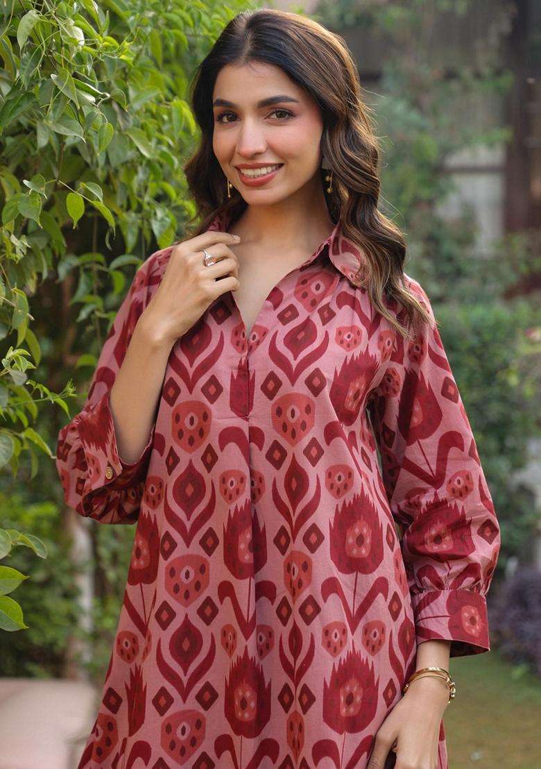 Maroon Printed Cotton Kurta Set - Indya