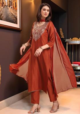 Rust Embroidery Rayon Kurta Set