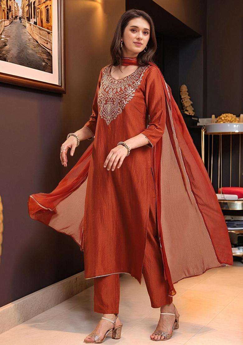 Rust Embroidery Rayon Kurta Set - Indya