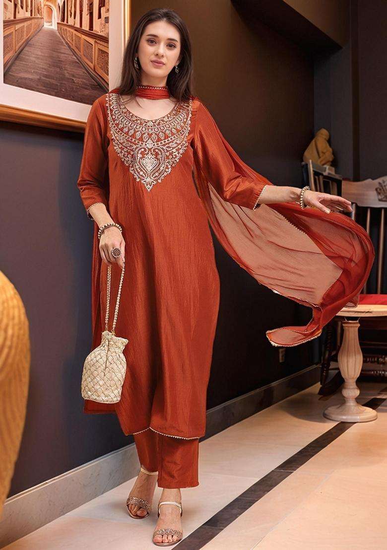 Rust Embroidery Rayon Kurta Set - Indya
