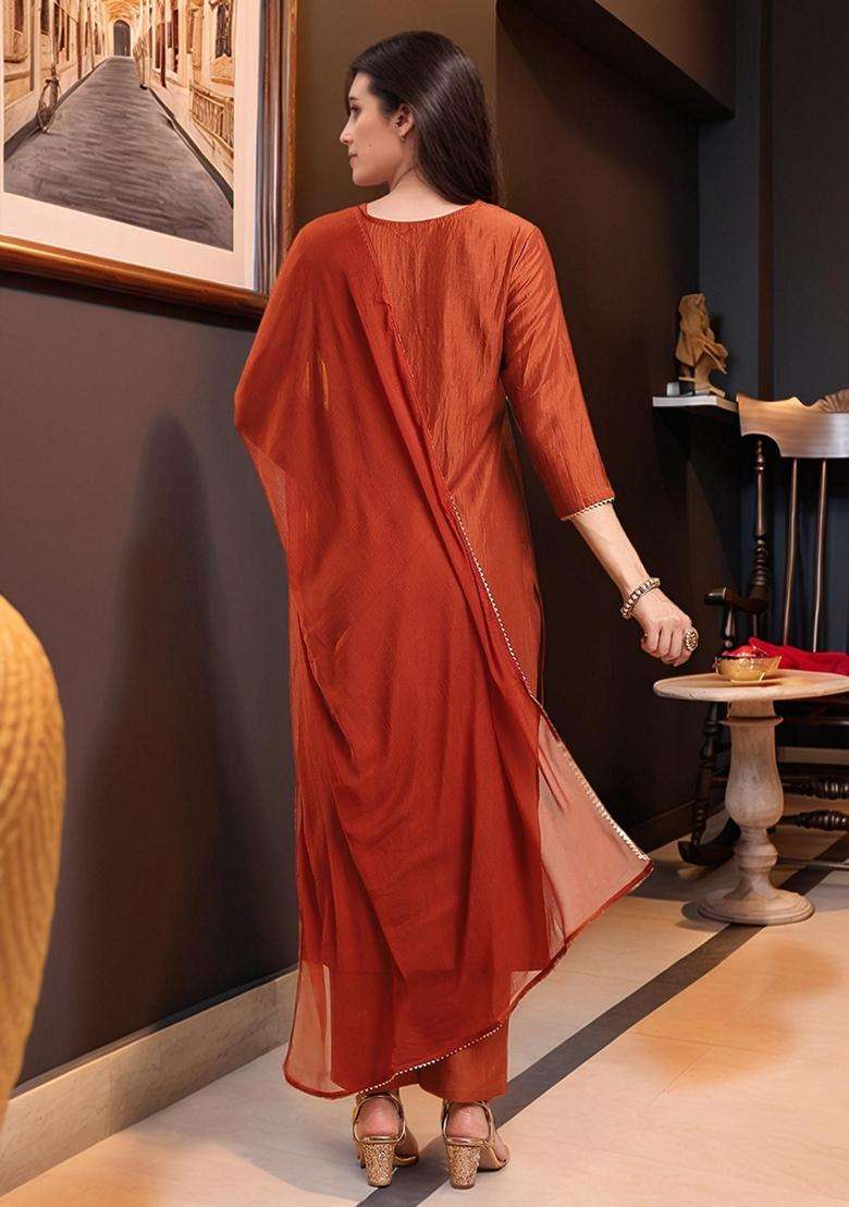 Rust Embroidery Rayon Kurta Set - Indya