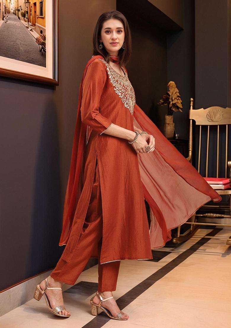 Rust Embroidery Rayon Kurta Set - Indya