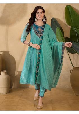Blue Embroidery Silk Anarkali Set