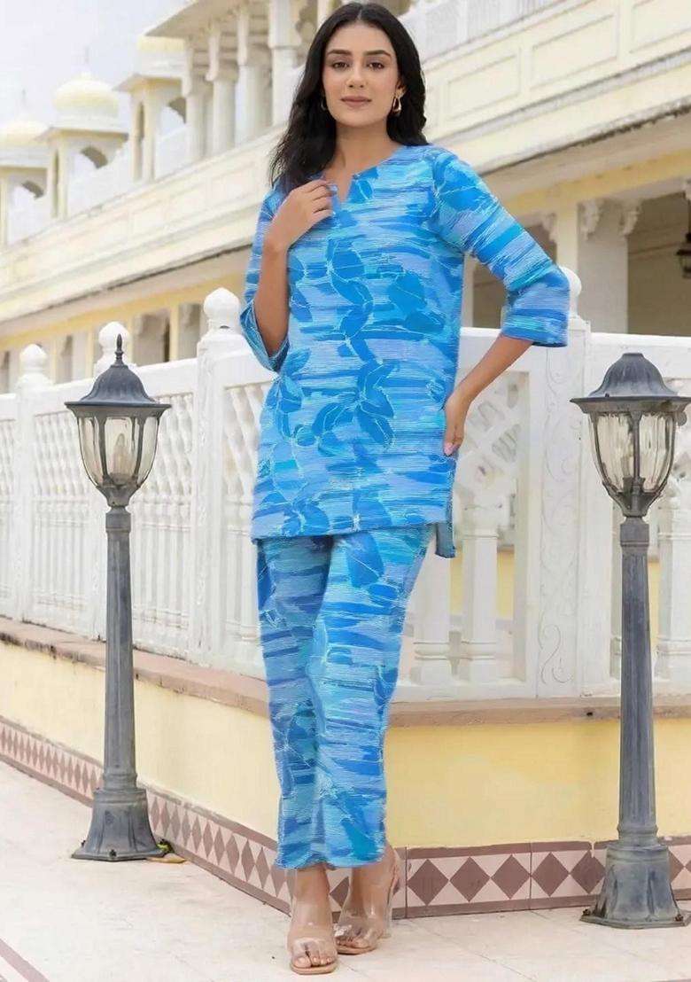 Blue Solid Cotton Co-Ord Set - Indya