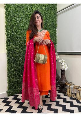 Orange Embroidery Rayon Kurta Set