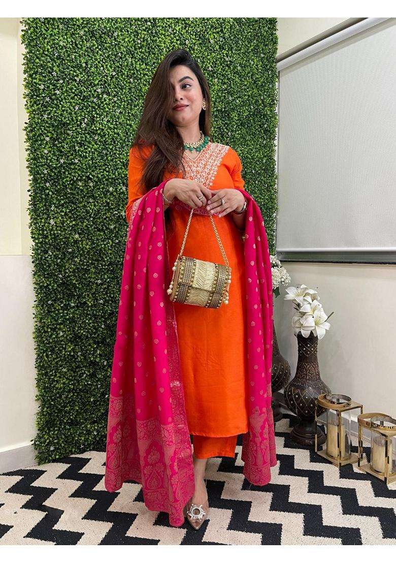Orange Embroidery Rayon Kurta Set - Indya