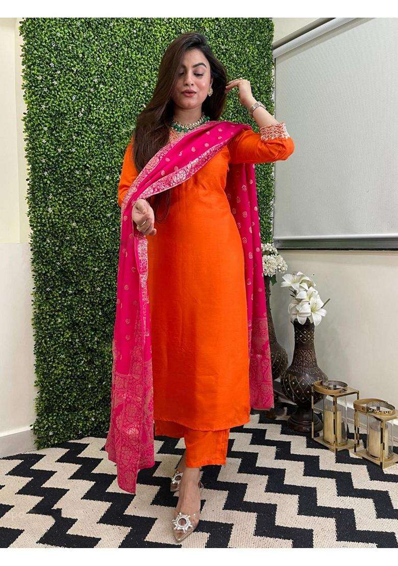 Orange Embroidery Rayon Kurta Set - Indya