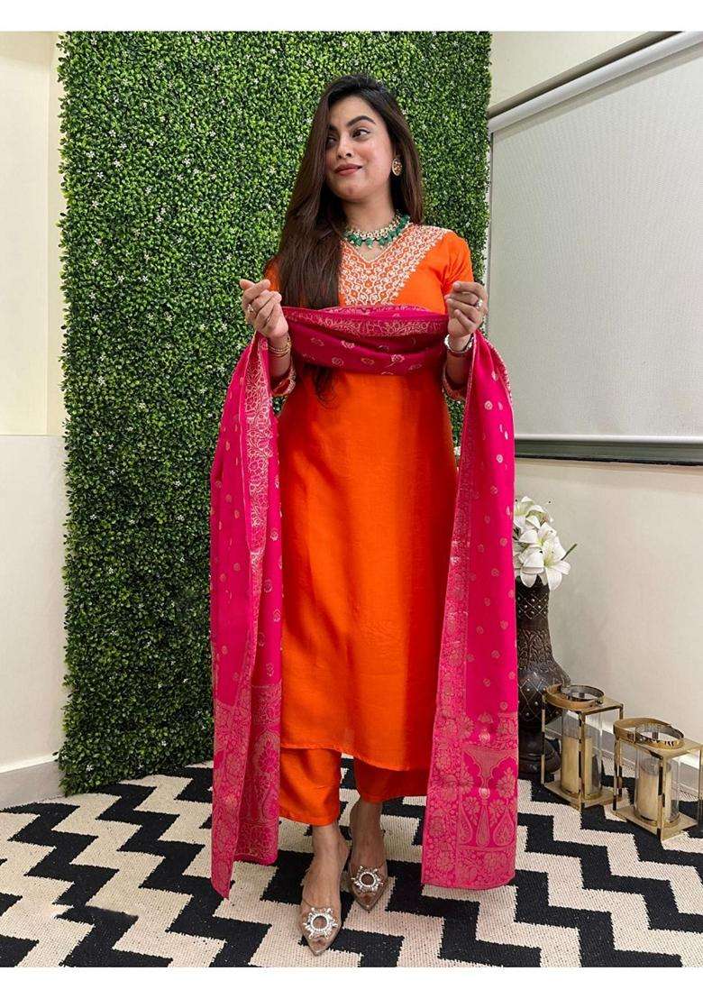 Orange Embroidery Rayon Kurta Set - Indya