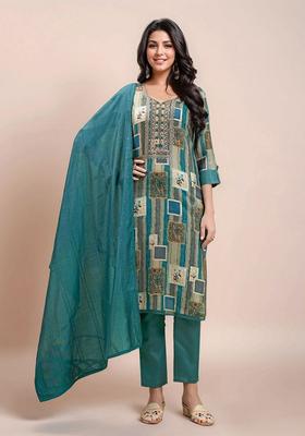 Blue Printed Silk Kurta Set