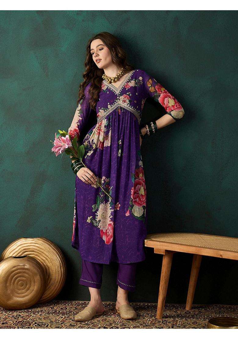 Purple Embroidery Georgette Kurta Set - Indya
