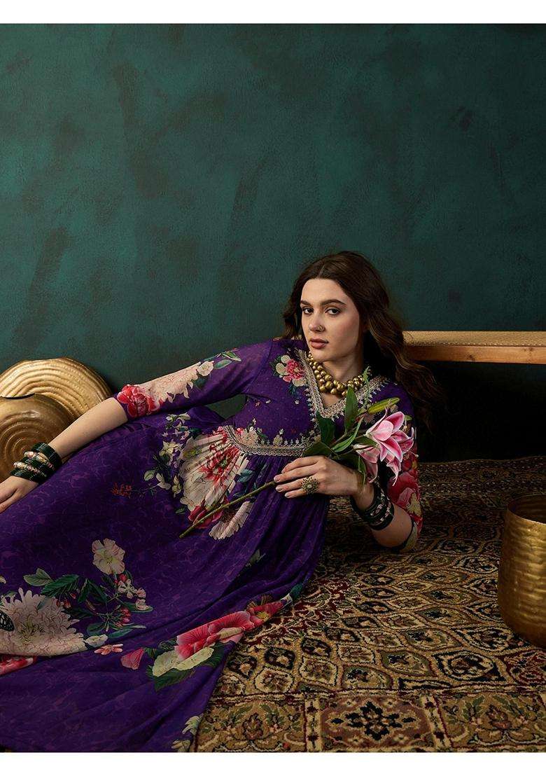Purple Embroidery Georgette Kurta Set - Indya