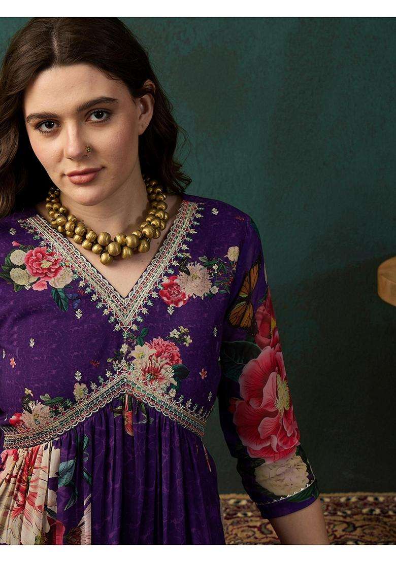 Purple Embroidery Georgette Kurta Set - Indya
