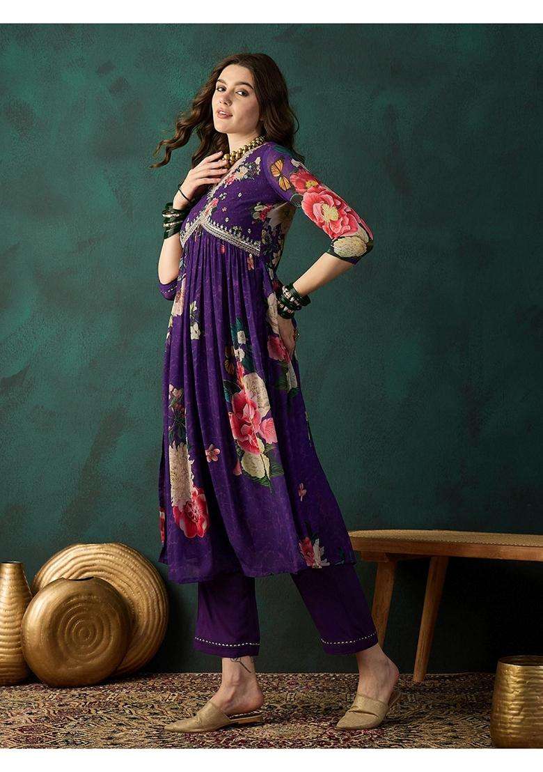 Purple Embroidery Georgette Kurta Set - Indya