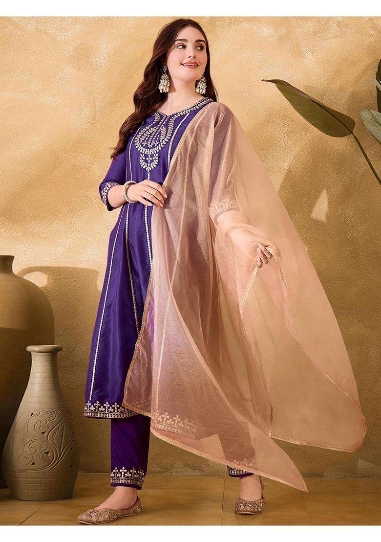 Purple Embroidery Chiffon Kurta Set - Indya
