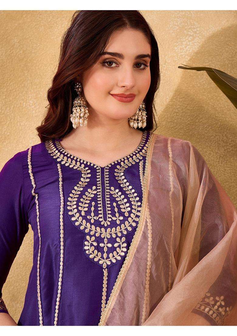 Purple Embroidery Chiffon Kurta Set - Indya