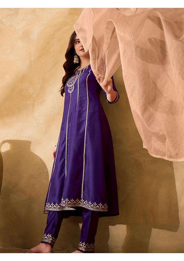 Purple Embroidery Chiffon Kurta Set - Indya