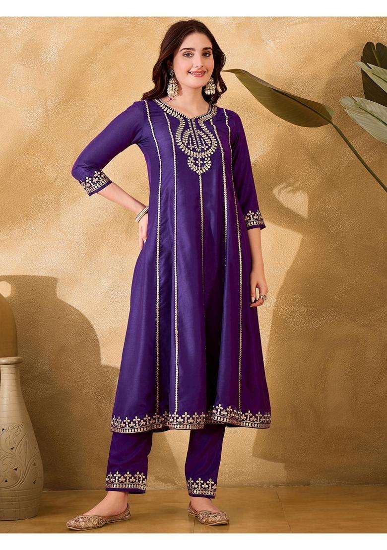 Purple Embroidery Chiffon Kurta Set - Indya