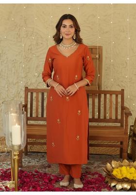 Orange Embroidery Rayon Kurta Set