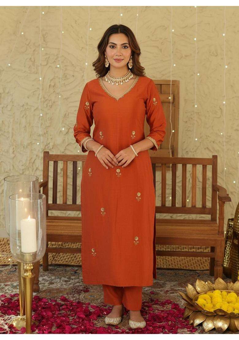 Orange Embroidery Rayon Kurta Set - Indya