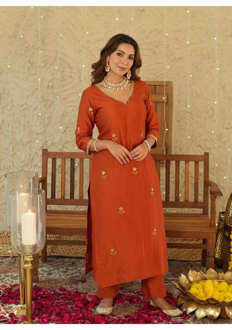 Orange Embroidery Rayon Kurta Set - Indya