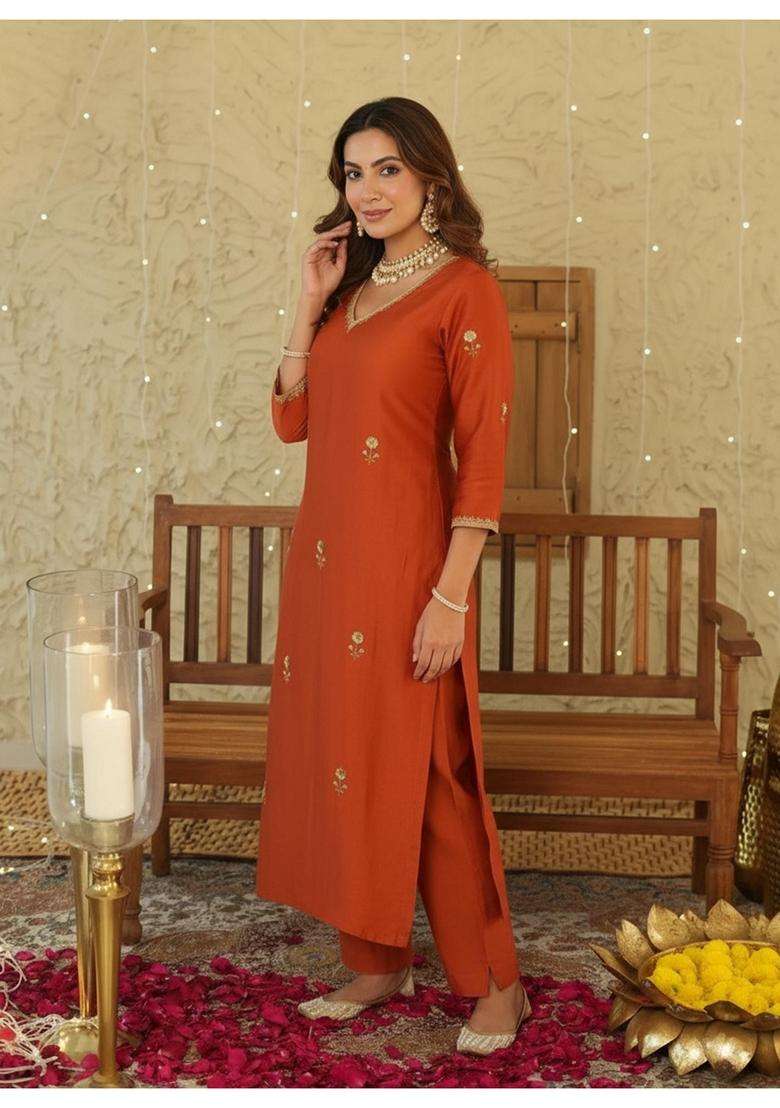 Orange Embroidery Rayon Kurta Set - Indya