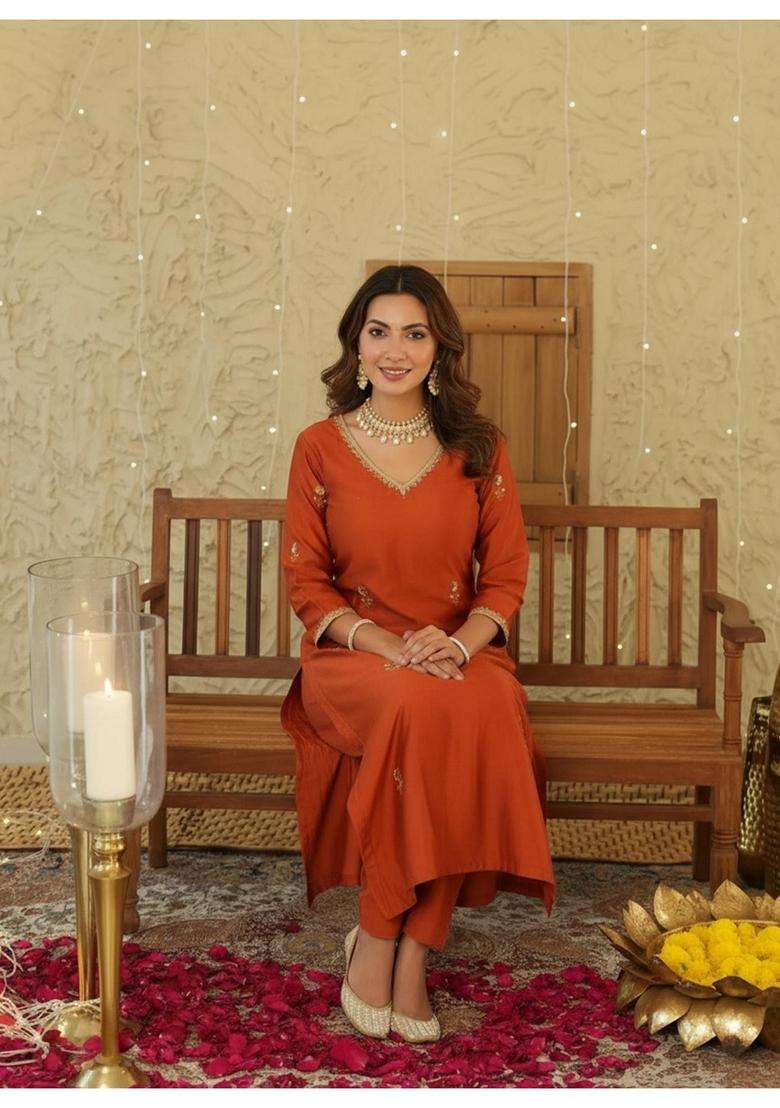 Orange Embroidery Rayon Kurta Set - Indya