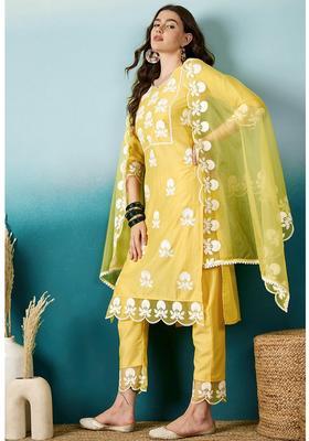 Yellow Embroidery Silk Kurta Set
