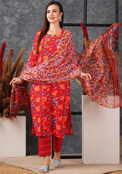 Red Floral Rayon Kurta Set — view on Indya