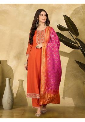 Orange Embroidery Silk Kurta Set