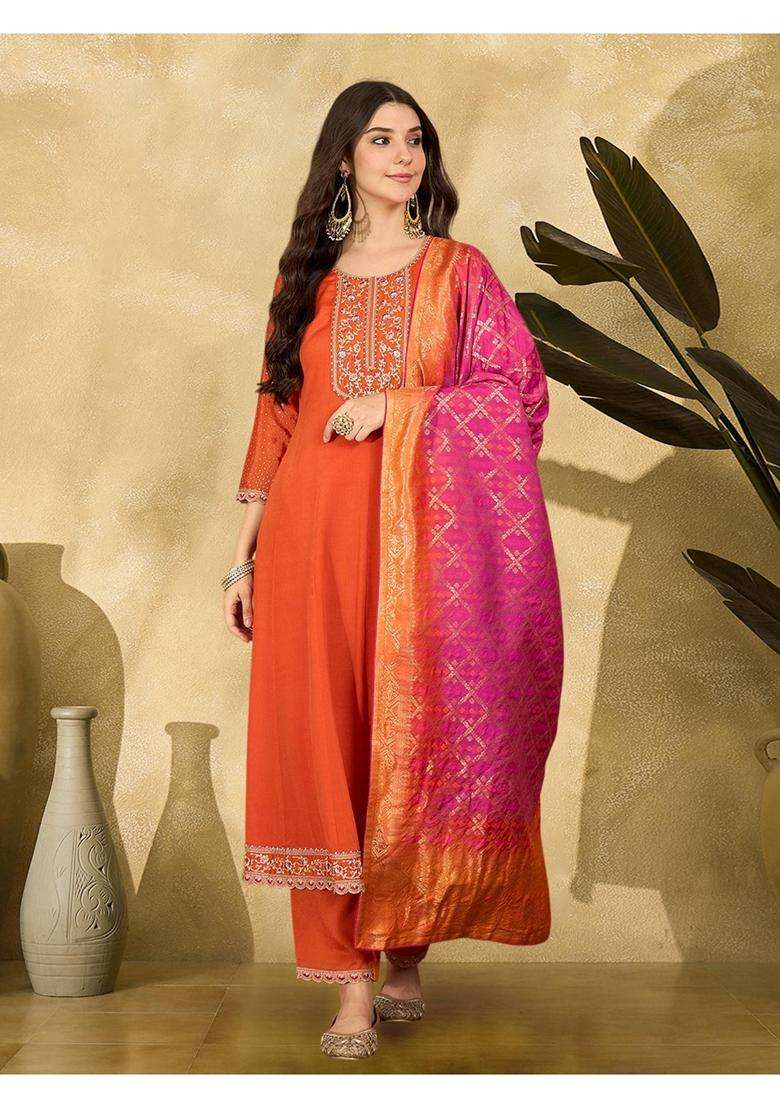 Orange Embroidery Silk Blend Kurta Set - Indya