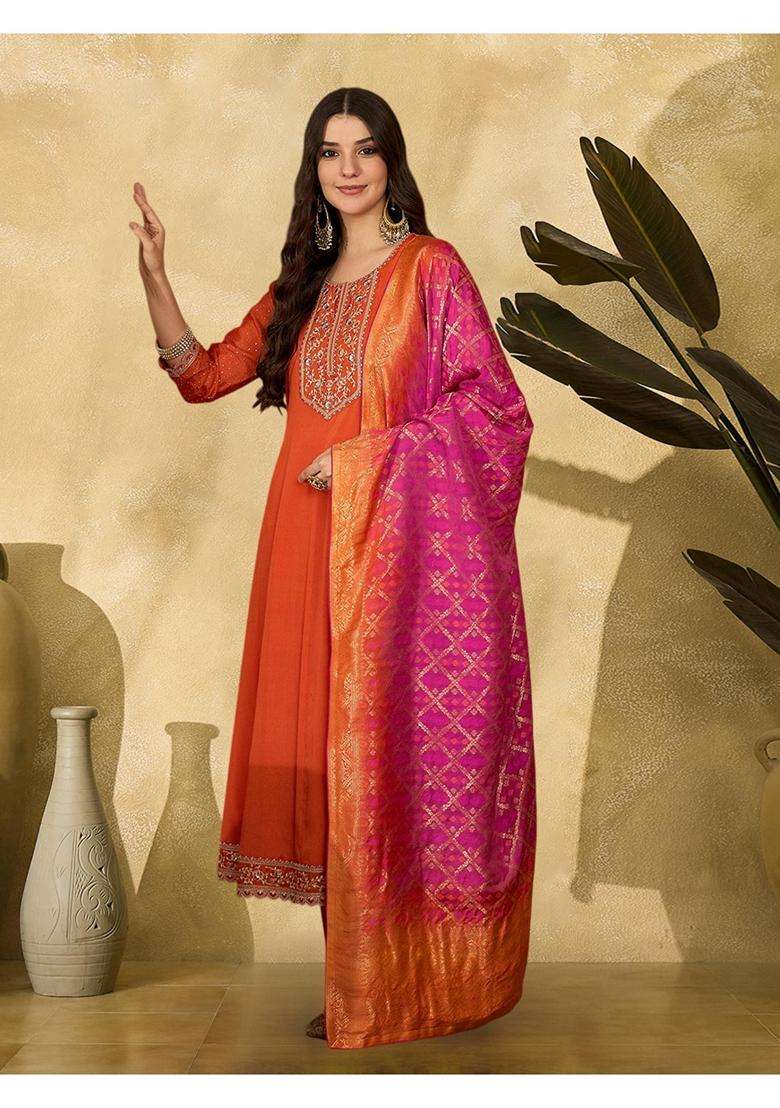 Orange Embroidery Silk Blend Kurta Set - Indya